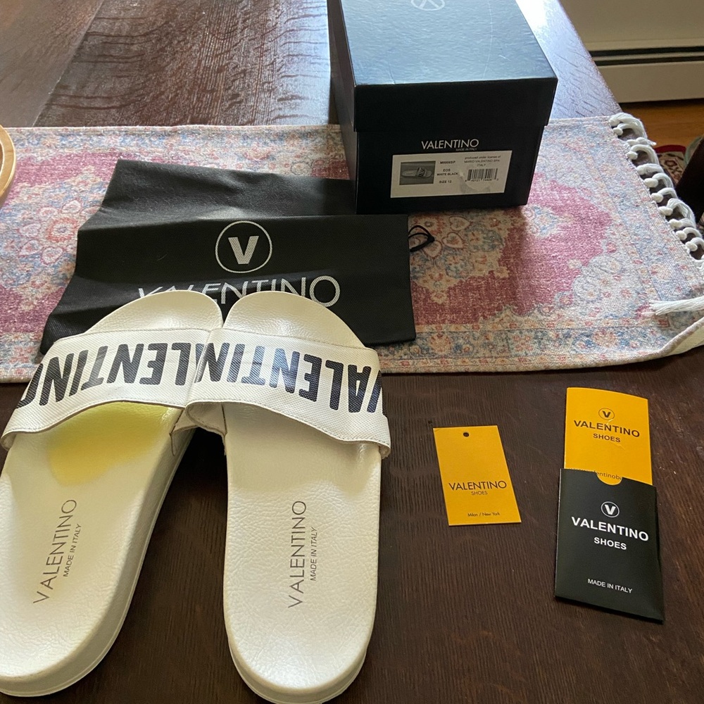 Men’s Valentino White Logo Slide Sandals - Size 12